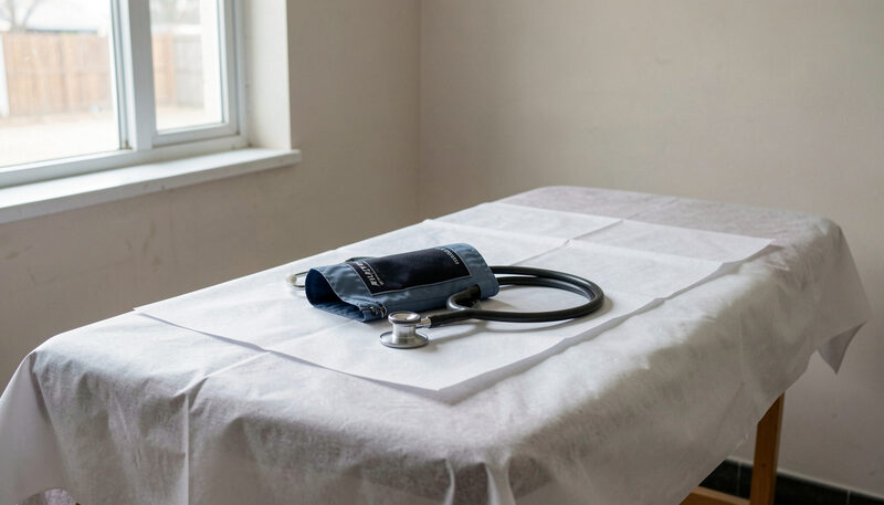 A blood pressure cuff and stethoscope laid on a paper covered exam table in a simple clinic room, daylight from a side window.