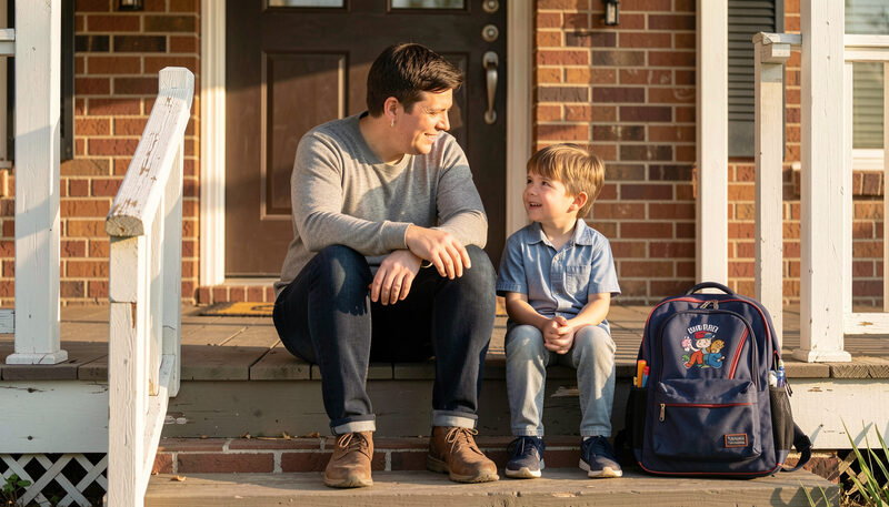 A parent sitting with a school age child on a porch step, listening, a school backpack beside them, late afternoon light.