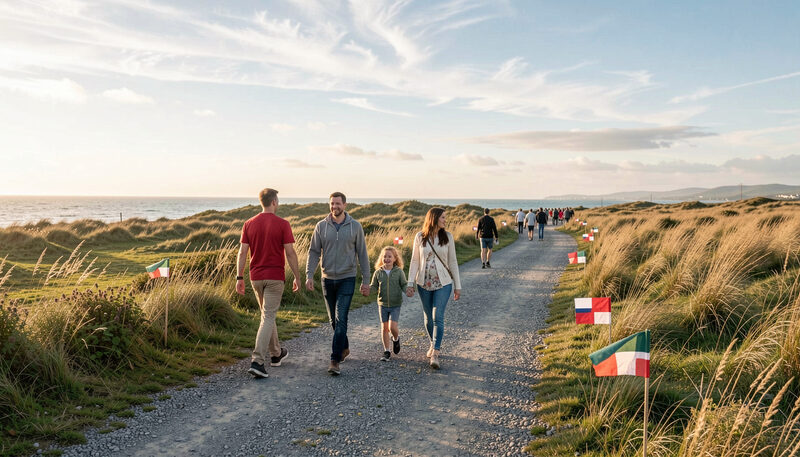 Families walking a gravel community track through coastal grassland, small flag markers, wide sky, late golden light.