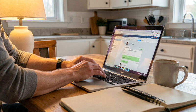Hands typing a message on a laptop at a kitchen table with a coffee mug and a notebook nearby, warm evening lamp light.